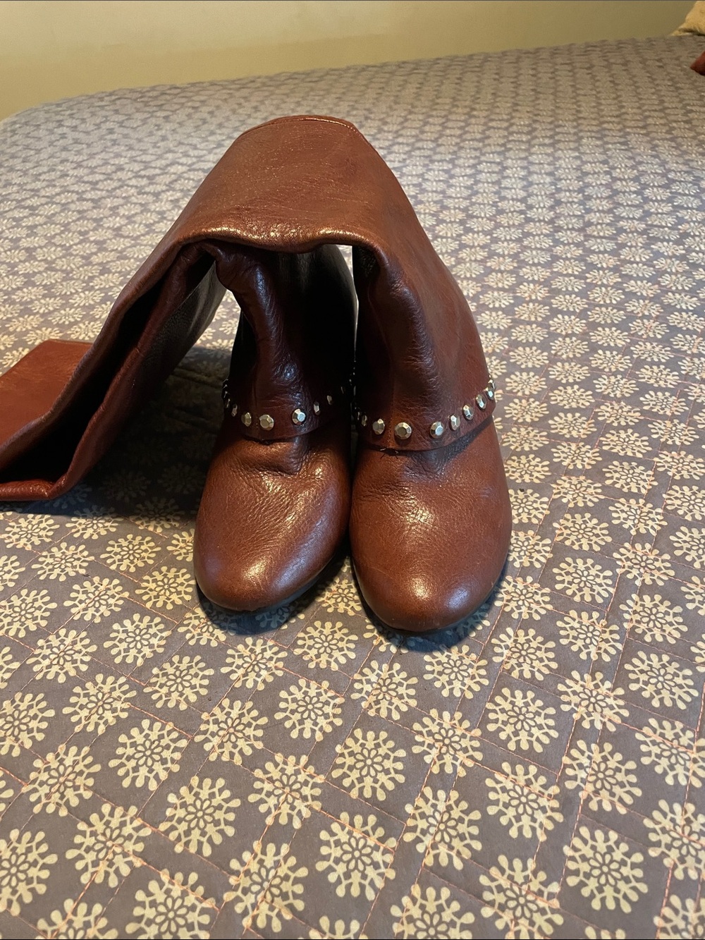 BCBG Brown Leather Knee-High Studded Heeled Boots